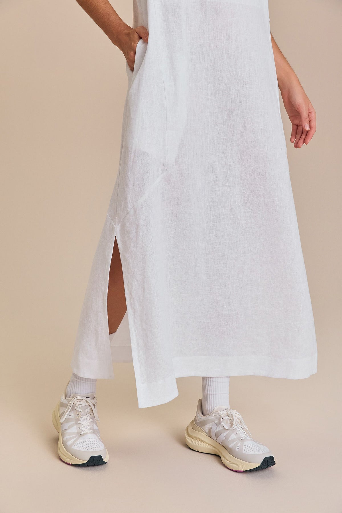 Pure Linen White Midi Dress