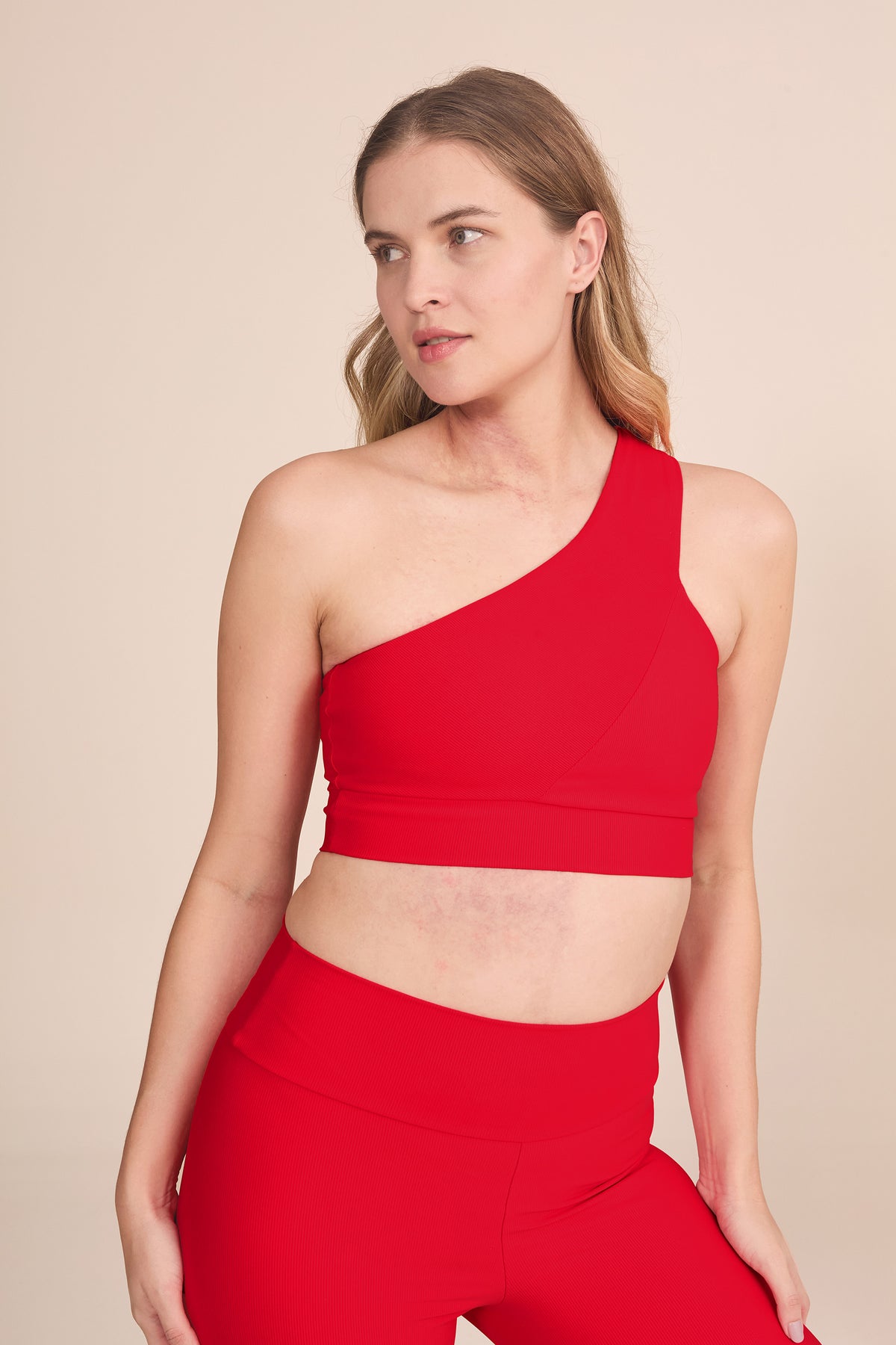 One-Shoulder Neoprene Lines Sports Bra