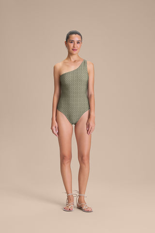 One-Shoulder Palm Grid Swimsuit
