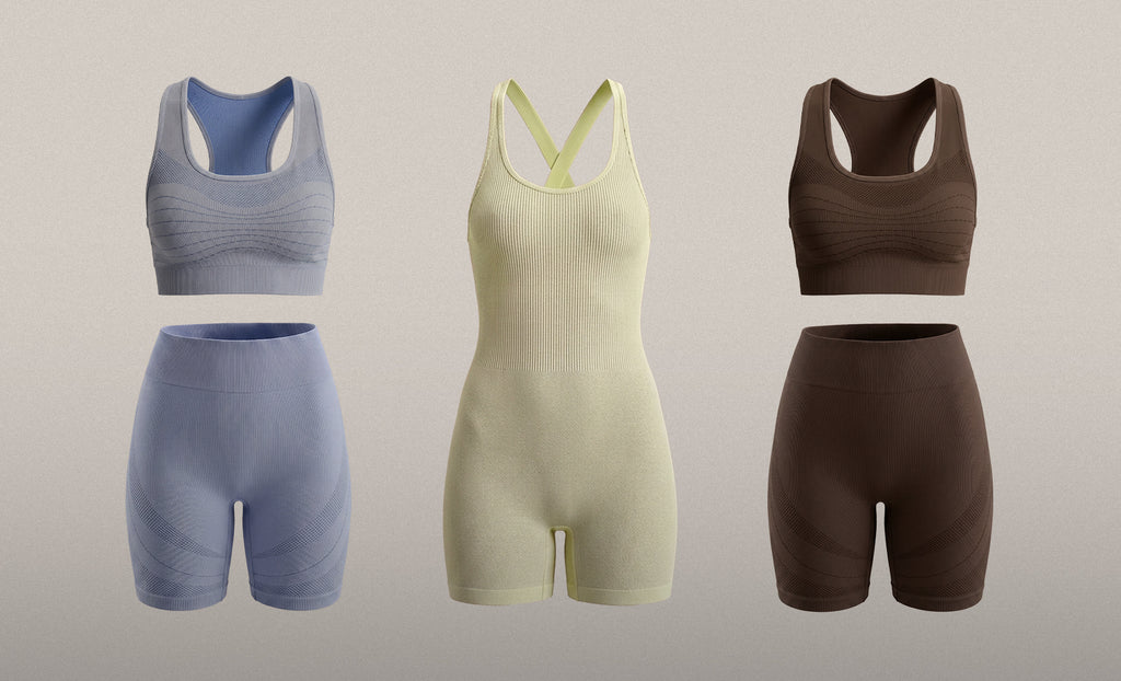 Set of athletic wear including tank tops and shorts in blue, green, and brown on a beige background.