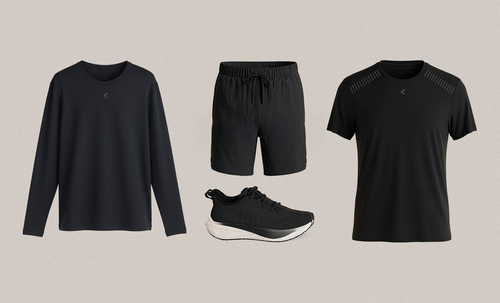 Selection of men's black activewear including tops, shorts, and running shoes.