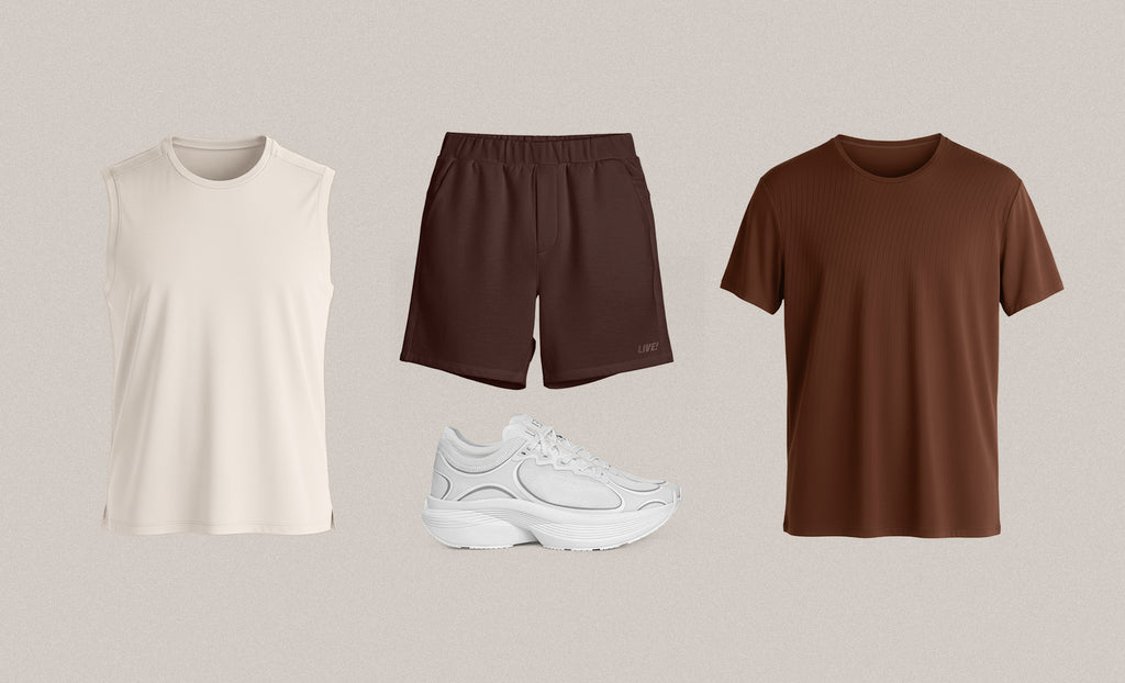 Collection of casual clothing items including a beige sleeveless shirt, brown shorts, brown t-shirt, and white sneakers on a light gray background.