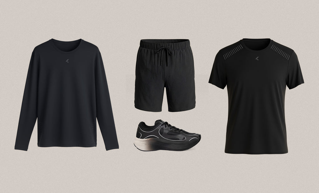 Selection of men's black activewear including tops, shorts, and running shoes.